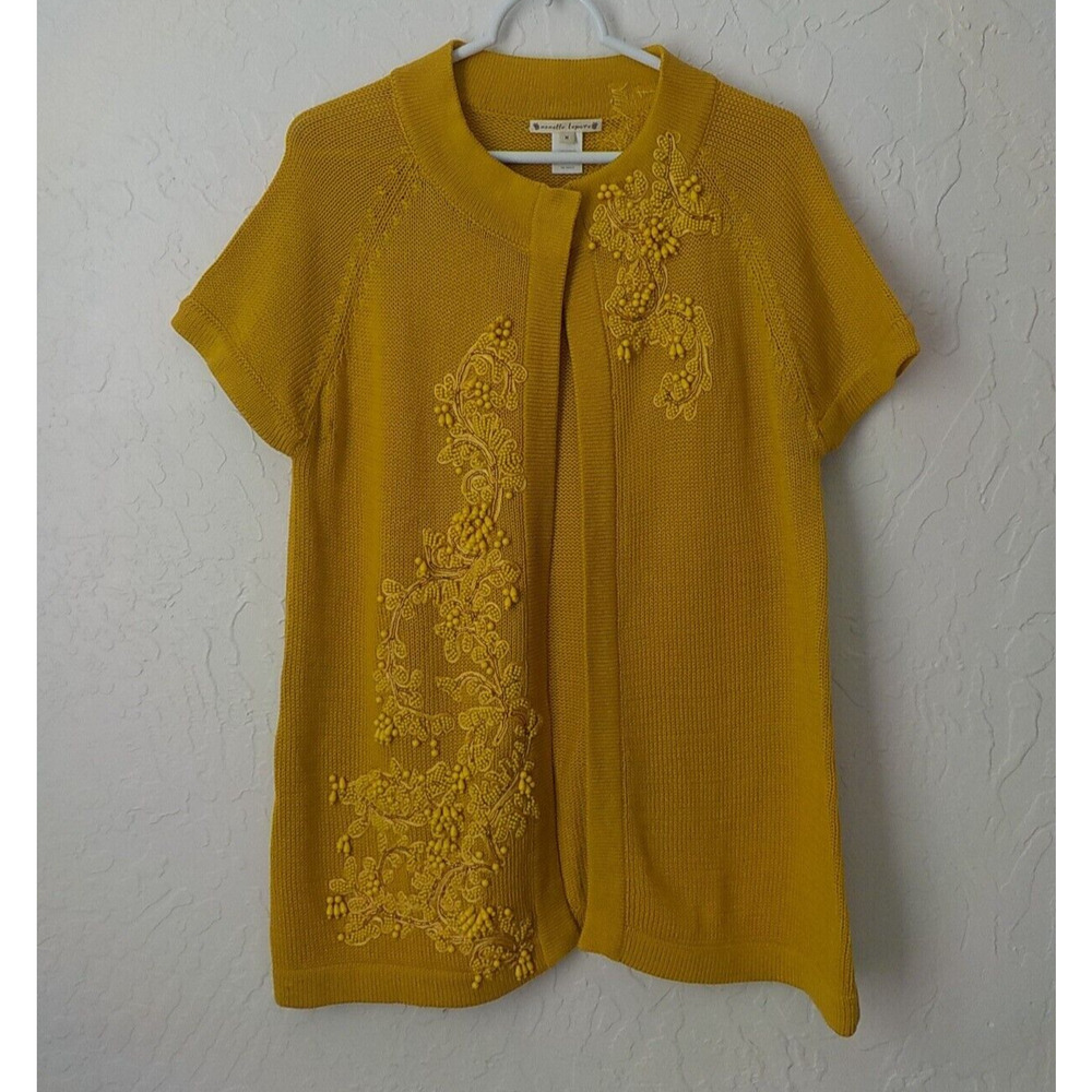 Nanette Lepore Yellow Knit Open Top Tunic Size M Short Sleeve Sequin Embroidery